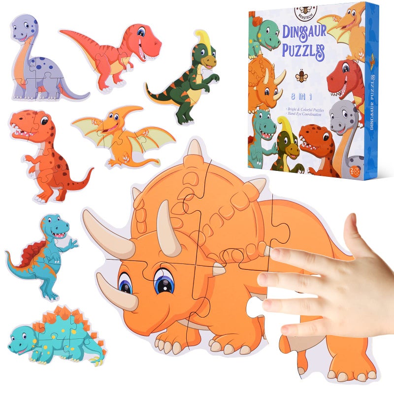 BEESTECH Beginner Dinosaur Puzzles for 2, 3, 4 Year Old Toddlers, 8 Pack Jigsaw Educational Learning Puzzles for Toddlers, 8 Different Dinosaurs with Dinosaur World Map - Image 1